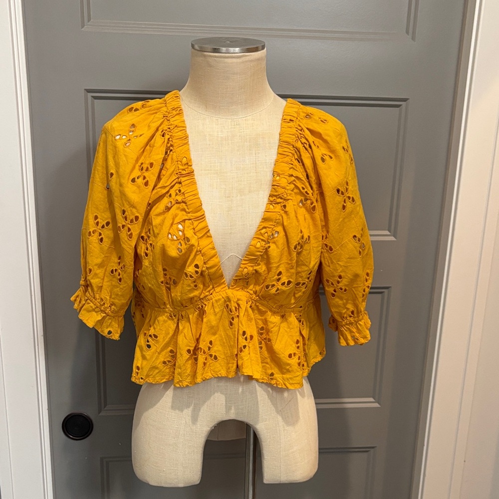 Free People Mustard Yellow Eyelet V-Neck crop top